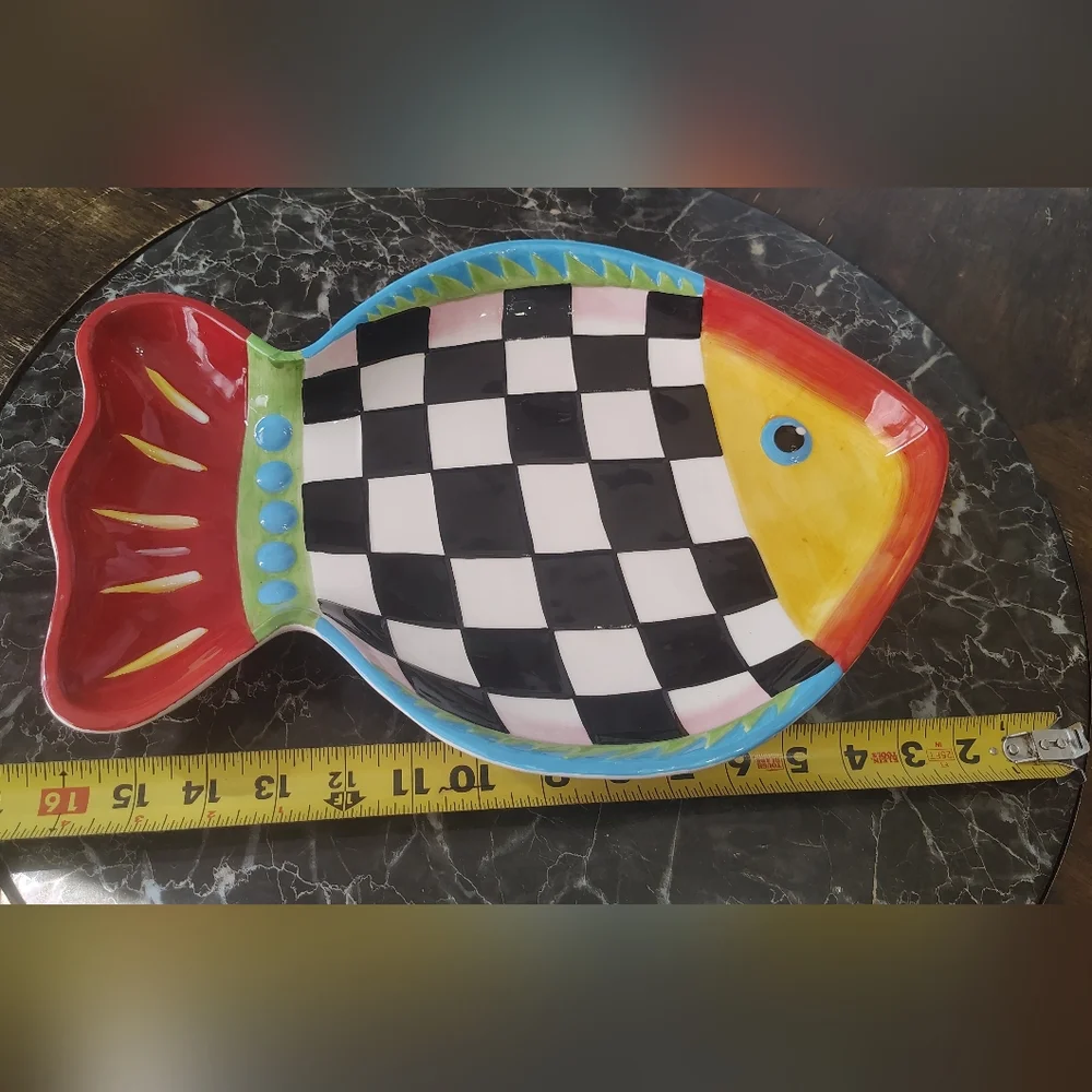 Linens-n-Things Colorful Checkered Fish-Shaped Ceramic Dish Large